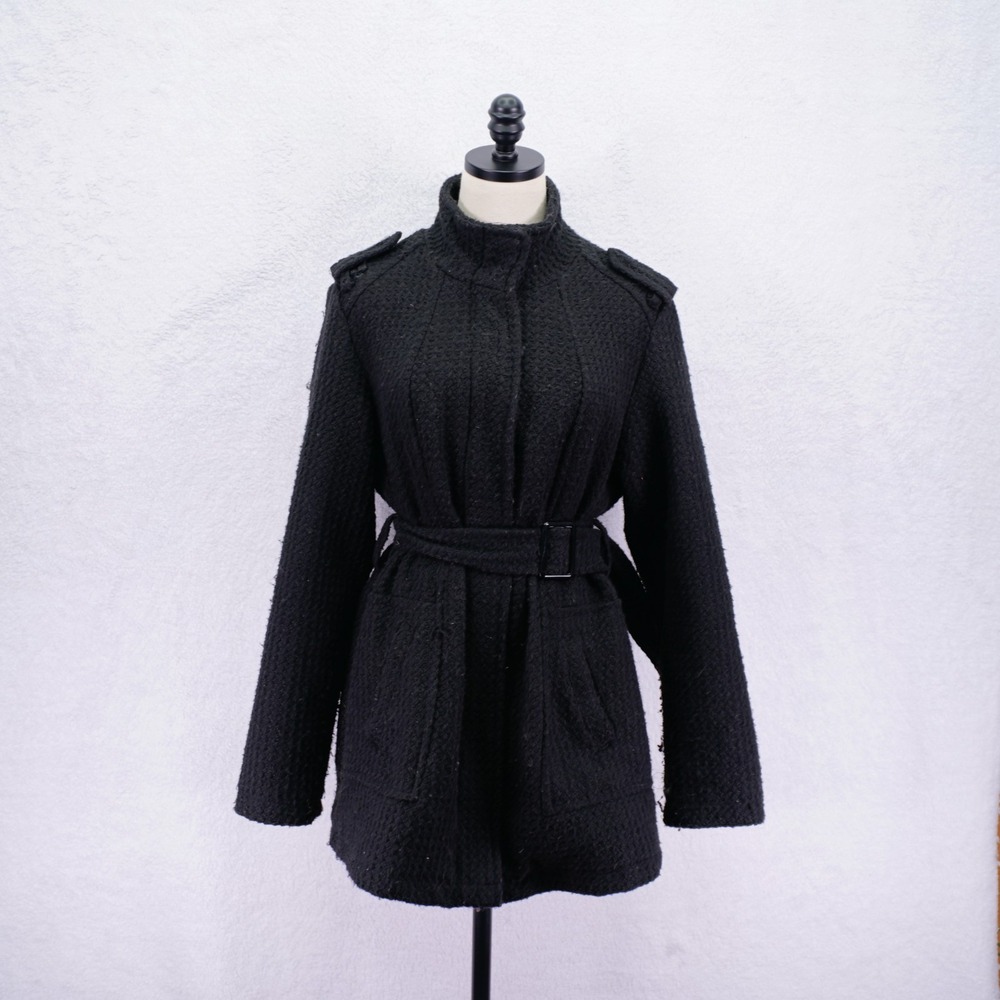 Charlotte Russe Large Black Heavy‎ Knit Wool Polyester Belted Overcoat Mock Neck